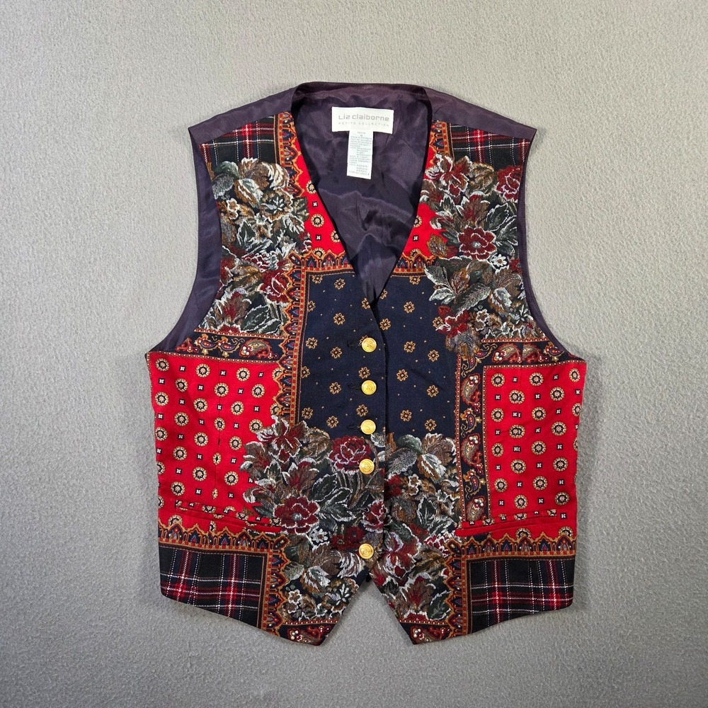 Liz Claiborne Vest Womens 8 Patchwork Plaid Floral Rayon Waistcoat V Neck